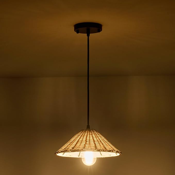 TERLEENART Hard Wired Rattan Pendant Lights Set of 2,Farmhouse Coastal Woven Wicker Ceiling Light with 10.65” Cone Shade, Boho Wired Mounted Hanging Chandelier for Bedroom Dining Room Kitchen Island