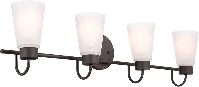 Kichler Erma 4-Light Bathroom Vanity Light Fixture with Satin Etched Glass, Updated Traditional Wall Light in Olde Bronze for Bathroom Mirror (32.5" x 8.5" x 6"), 55127OZ