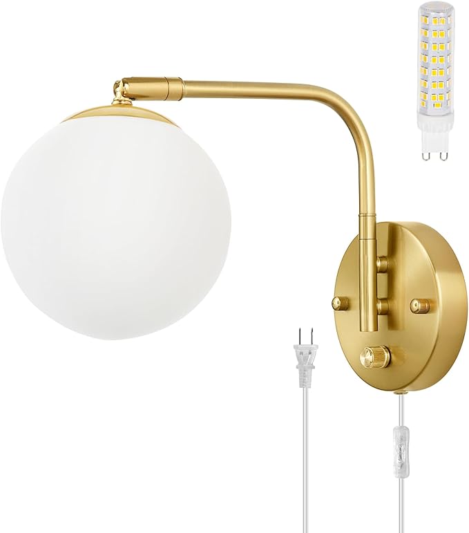 VATONI Wall Sconces Plug in, Dimmable Swing Arm Wall Lights with Plug in Cord and Dimmer On/Off Knob Switch, Dimmable Wall Light with Milky White Glass Globe Shade(1 Bulb Included)