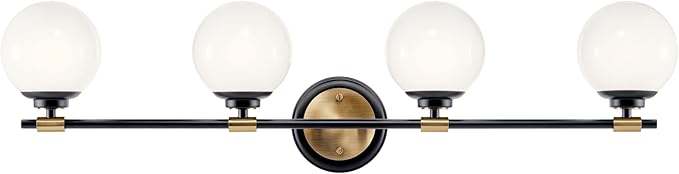 Kichler Benno 4-Light Bathroom Vanity Light Fixture with Opal Glass in Black and Champagne Bronze, Modern Wall Mount Light for Bathroom or Powder Room (8.75" x 34"), 55173BKCPZ