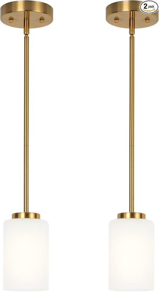 2 Pack Indoor Pendant Light Fixtures, Gold Finish Kitchen Island Hanging Lights Adjustable Ceiling Lamp, Mini Pendant Lights with White Frosted Glass Shade for House Bedroom Hallway