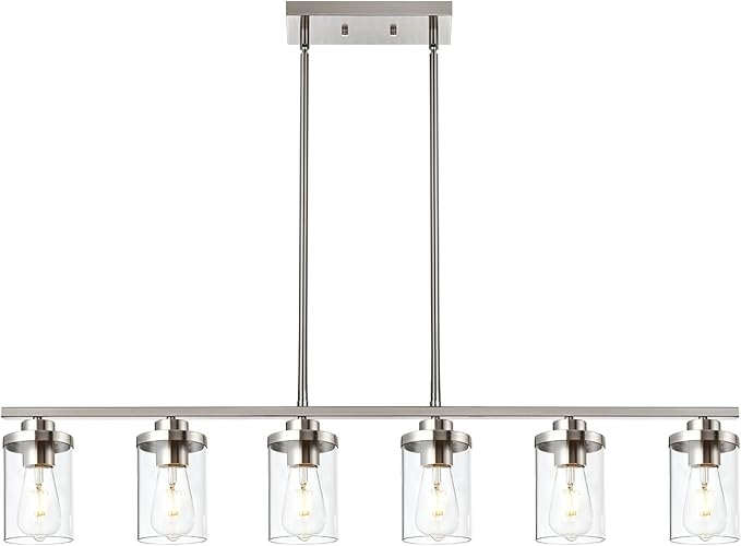 6 Light Pendant Lights Kitchen Island,Brushed Nickel Farmhouse Island Lighting Fixture Clear Glass Shade Pendant Lighting for Living Room Hallway Bedroom Dining Hall Office Bar