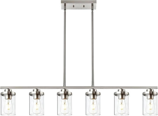 6 Light Pendant Lights Kitchen Island,Brushed Nickel Farmhouse Island Lighting Fixture Clear Glass Shade Pendant Lighting for Living Room Hallway Bedroom Dining Hall Office Bar
