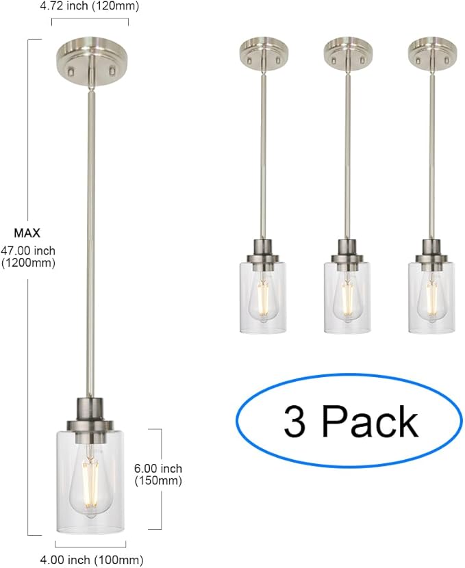 MELUCEE 3 Pack Kitchen Island Pendant Lighting Adjustable Hanging Ceiling Lamp Brushed Nickel Finish with Clear Glass Shade for Bar Dining Room Corridor Living Room Bedside