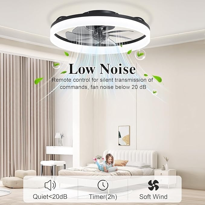 Ceiling Fans with Remote and Lights Fandelier - 20'' Low Profile Flush Mount Modern Black Ceiling Fans for Bedroom - 6 Speeds and Stepless Color Temperature Change