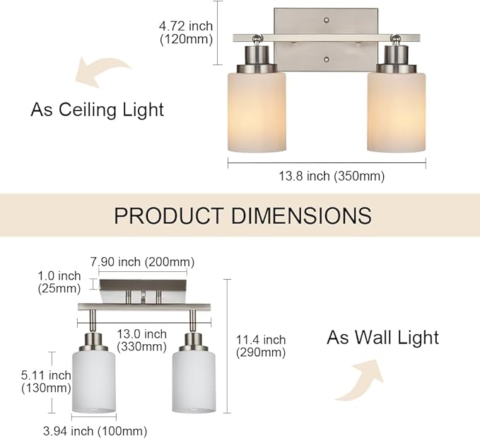 TODOLUZ 2-Light Track Light Fixtures Wall Sconce Lighting, Brushed Nickel Spotlight for Kitchen Living Room Dining Room Hallway, E26 Bulb Base