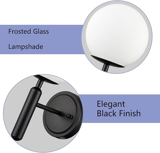 DIRYZON Modern Globe Wall Light Fixture Set of 2 Black Wall Sconces Bathroom Vanity Light with Opal Glass Shade for Living Room Bedside Stairs Mirror