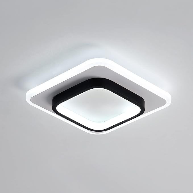 LED Ceiling Light 22W Modern Ceiling Lamp, Cool White 6500K 9.5 Inch Square Close to Ceiling Lights for Bedroom Hallway Office Kitchen Dining Room Entrance(Black & White)