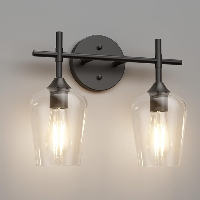 Ralbay Vintage Black Bathroom Light Fixtures 2-Lights Industrial Matte Black Finish with Clear Glass Black Vanity Lights Farmhouse Bathroom Vanity Lights Wall Sconce