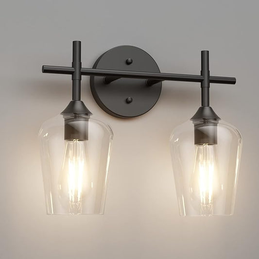Ralbay Vintage Black Bathroom Light Fixtures 2-Lights Industrial Matte Black Finish with Clear Glass Black Vanity Lights Farmhouse Bathroom Vanity Lights Wall Sconce