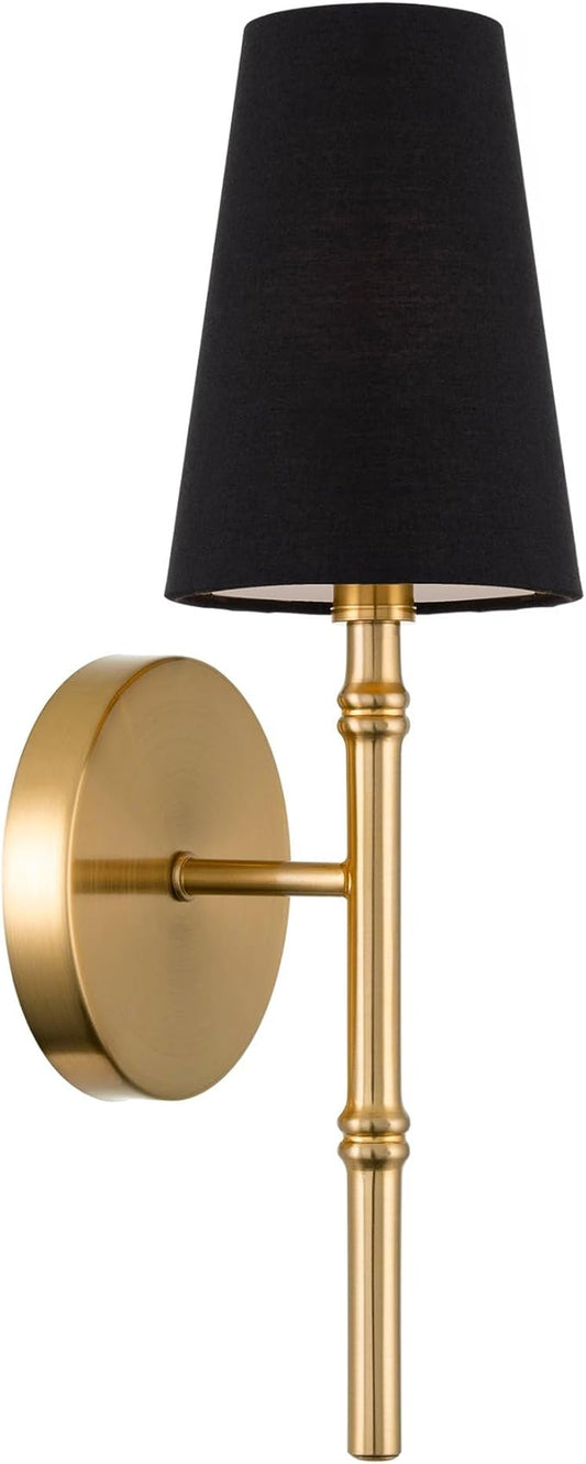 Kira Home Torche II 15" Petit Mid Century Modern Gold Wall Sconce with Tapered Black Linen Shade, Gold Wall Light with Slim Black Cone Shade, Cool Brass Finish