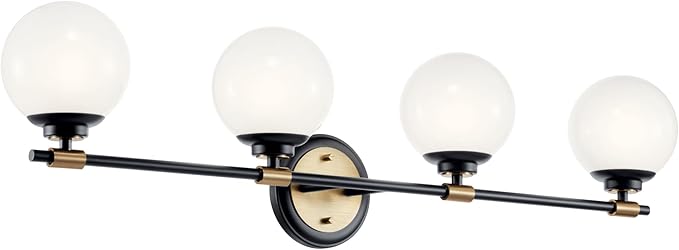 Kichler Benno 4-Light Bathroom Vanity Light Fixture with Opal Glass in Black and Champagne Bronze, Modern Wall Mount Light for Bathroom or Powder Room (8.75" x 34"), 55173BKCPZ