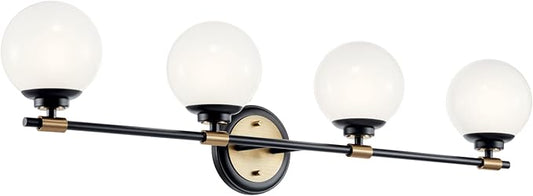 Kichler Benno 4-Light Bathroom Vanity Light Fixture with Opal Glass in Black and Champagne Bronze, Modern Wall Mount Light for Bathroom or Powder Room (8.75" x 34"), 55173BKCPZ