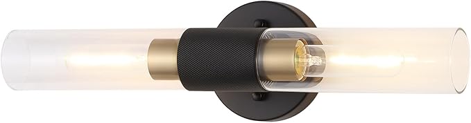 BYOLIIMA Modern Knurled Texture Wall Sconce Clear Glass Shade Modern Gold Black Bathroom Vanity Light Fixtures 2-Lights Mid Century Wall Light for Mirror Living Room Hallway E26 T10 Bulbs(Excluded)