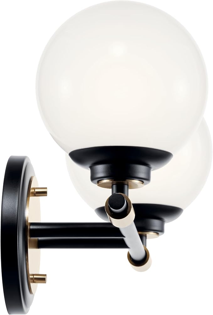 Kichler Benno 2-Light Bathroom Vanity Light Fixture with Opal Glass, Modern Black and Champagne Bronze Light for Powder Room or Bath (8.75 in x 14.75 in), 55171BKCPZ