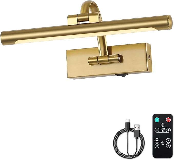 DESOOP Wireless Picture Lights for Wall Rechargeable Brass Gallery Lights Battery Operated Art Lamps with Remote and Timer Dimmable Painting Lights for Artwork Portrait Display 12 Inch 2W 2700K