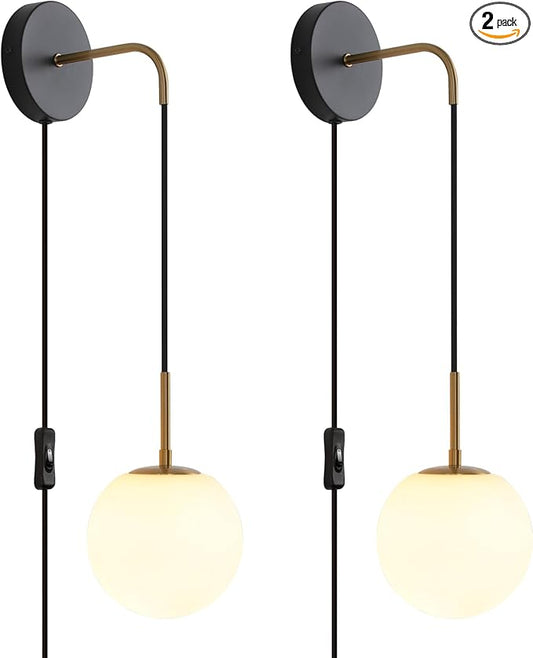 KUZZULL Plug in Wall Sconces Set of 2 Black and Brass Gold Wall Sconces Set of Two Plug in Hanging Wall Lamp with Plug in Cord with Globe White Glass Shade Vintage Wall Lights with Switch for Bedside
