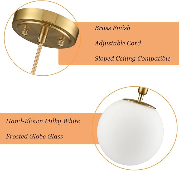 DIRYZON Mid Century Gold Pendant Lighting for Kitchen Island, Modern Hanging Pendant Light Fixture with Globe Milky White Glass for Bedroom Bathroom Entryway 7.9 Inch