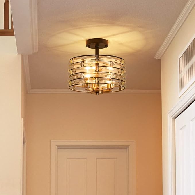 AGV LIGHTING CH015BB Crystal Semi Flush Mount Ceiling Light Fixture, E12 Base 3-Lights, D12 x H 9", Crystal Lamp Shade, Light Gold & Matte Black Finish