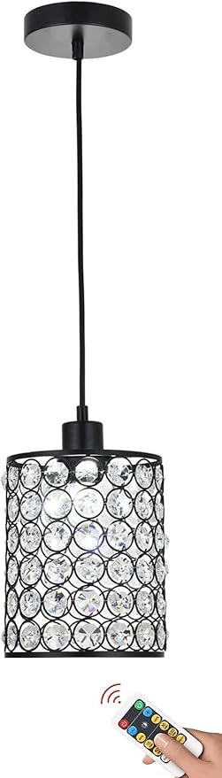 Battery Operated Pendant Lights with Remote 1 Pack, Rechargeable Pendant Light Not Hardwired,Crystal Glass Chandelier Cordless Ceiling Hanging Lamp for Kitchen Island Dining Room Table