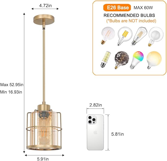 Farmhouse Brass Pendant Light Fixtures with Amber Glass, Gold Kitchen Island Set of 2 with Adjustable Rod, Modern Cage Bathroom Pendant Lights Hanging Light for Sink Dining Room Hallway