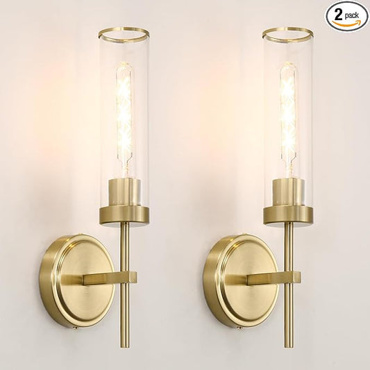 Gold Bathroom Wall Sconces Set of 2, Modern Wall Sconces Set of Two Hardwired, Bathroom Vanity Light Fixtures with Clear Glass, Gold Wall Mounted Lights for Living Room Corridor Mirror Bedroom Stairs