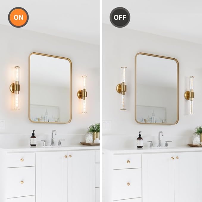 Brushed Gold Wall Sconces Set of 2 (Hardwired Only), Bathroom Vanity Light Fixtures, Modern Cylinder Glass Wall Lights for Mirror 28-40 in Height, NOT Battery Operated, E26 Base (Bulbs Not Included)