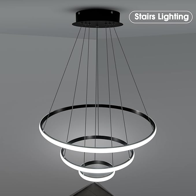 Viruhaka Modern LED Pendant Light, Adjustable Height Circular Entrance Black 3 Ring Circular Chandelier Fixture, Suitable for Restaurants, Kitchens, Islands, Living Rooms, Cafes, Etc. (4000K)