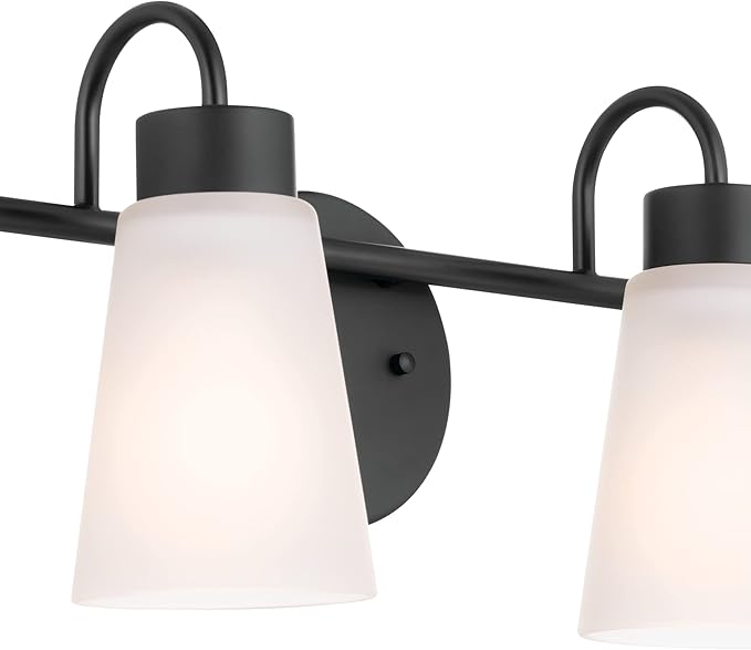 Kichler Erma 4-Light Bathroom Vanity Light Fixture with Satin Etched Glass Shades, Updated Traditional Wall Mount Lighting in Black for Mirror Above Vanity (32.5" x 8.5"), 55127BK