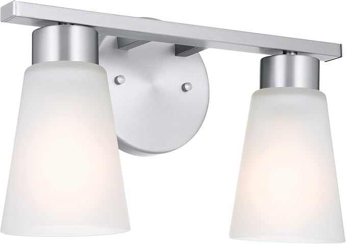 Kichler Stamos 2-Light Bathroom Vanity Light Fixture with Satin Etched Glass Shades, Modern Wall Mount in Brushed Nickel for Mirror Lighting (13 x 8 x 5 in), 45887NI
