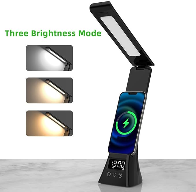 IHAO 6in1 Multifunctional Foldable LED Table Lamp with Wireless Charger Digital Alarm Clock Eye-Care Lighting 3 Color Modes 15W Qi Charger for Phone/Headphones, iWatch Charger Compatible-N61 White