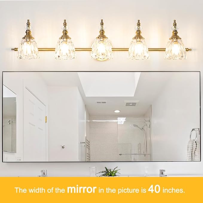 Brushed Antigue Brass Bathroom Light Fixtures, 5 Lights Vanity Light with Flower Glass Shade, Bathroom Vanity Light Over Mirror, Vintage Sconces Wall Lighting for Hallway Livingroom Bedroom
