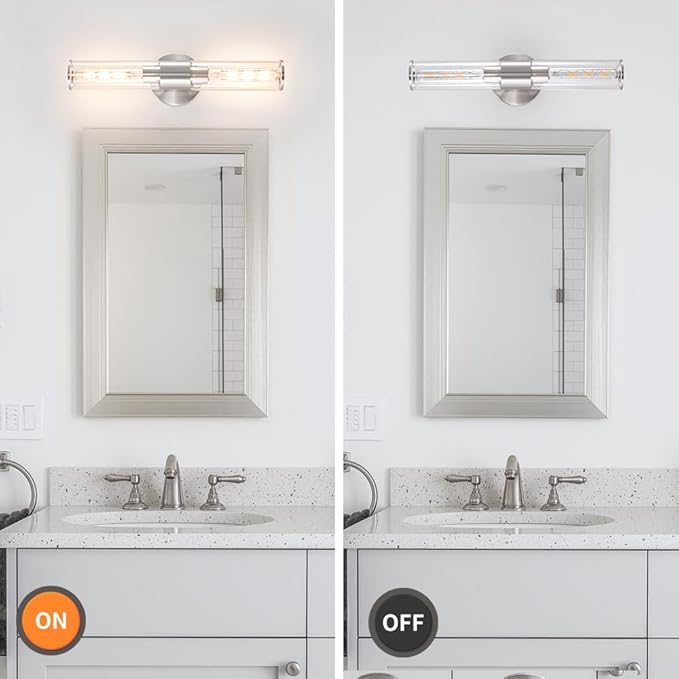 Brushed Nickel Wall Sconces Set of 2 (Hardwired Only), Bathroom Vanity Light Fixtures, Modern Cylinder Glass Wall Lights for Mirror 28-40 in Height, NOT Battery Operated, E26 Base (Bulbs Not Included)