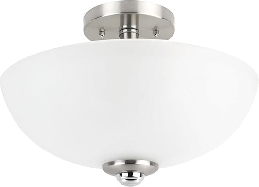 Globe Electric 63357 2-Light Semi-Flush Mount Ceiling Light, Brushed Nickel, Chrome Accents, Frosted Glass Shade, Lighting for Kitchen, Bathroom, Bedroom, or Dining Room, Home Decor
