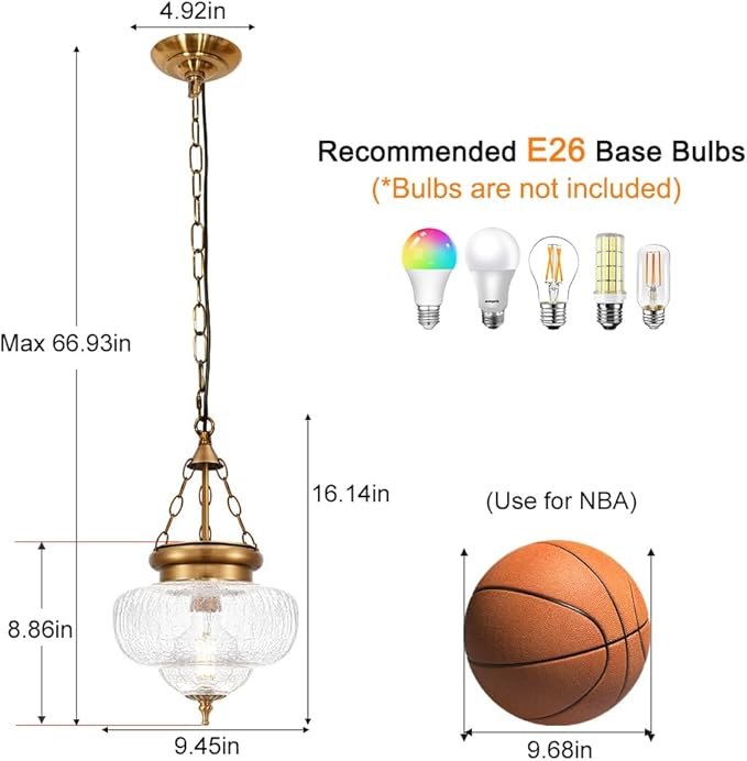 Vintage Pendant Light - Bronze Gold Pendant Lights Kitchen Island with Cracked Glass, Brass Penant Lighting Fixtures with Adjustable Hanging Chain for Kitchen, Dining Room, Entryway
