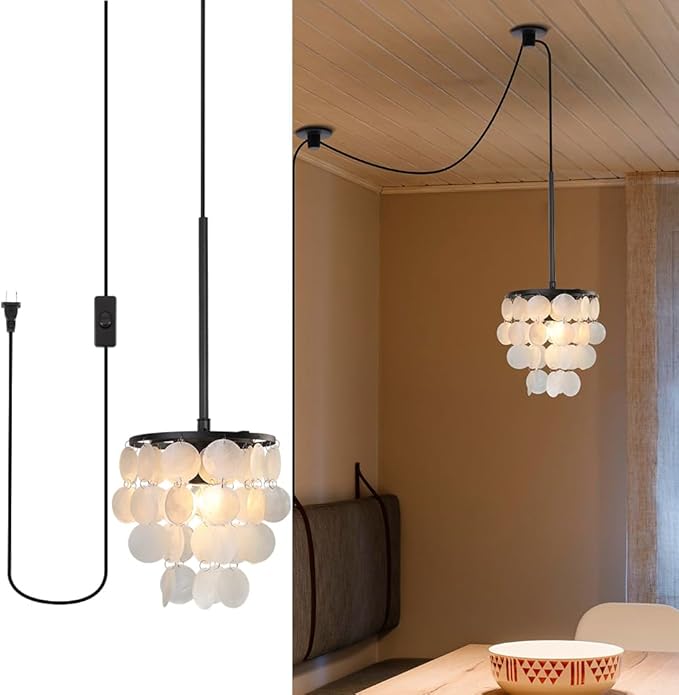 14.76ft Capiz Shell Pendant Light Fixture, 7.87” 1-Light Plug in Shell Black Chandelier with ON/Off Switch for Kitchen Island, Dining Room, Bedroom Room, Living Room