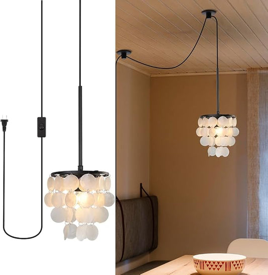 14.76ft Capiz Shell Pendant Light Fixture, 7.87” 1-Light Plug in Shell Black Chandelier with ON/Off Switch for Kitchen Island, Dining Room, Bedroom Room, Living Room