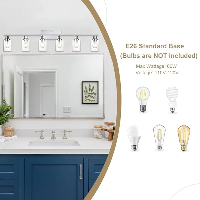 VINLUZ 6 Lights Bathroom Vanity Light in Chrome Finish with Clear Cylinder Glass Shade Industrial Wall Light Fixtures Over Mirror for Dressing Table Bedroom