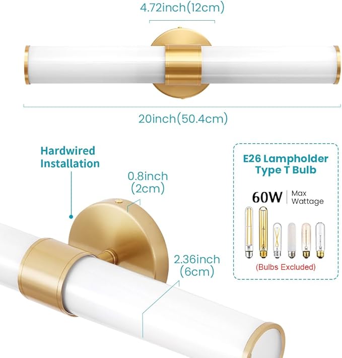 Gold Bathroom Light Fixtures, Vanity Lights for Mirror with Milk Glass Shade, 20 Inch Up and Down Wall Sconces for Bathroom Bedroom Living Room Hallway - Bulb Not Included