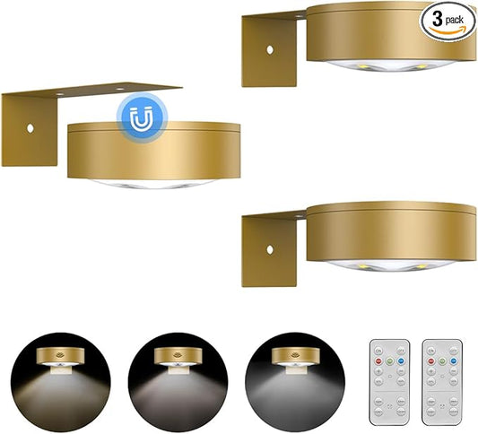 3Pack Picture Light Battery Operated Painting Lights for Wall Wireless Magnetic Display Art Light with Remote Control,Dimmable&Timer Portrait Light for Art Frame Artworking,Wall Decor Puck Lights-Gold