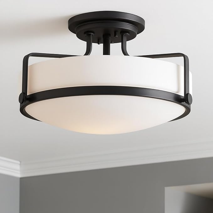 Hinkley Harper 3641BK Medium Semi-Flush Mount Ceiling Light, Sleek, Retro Style, Black and Etched Opal Glass