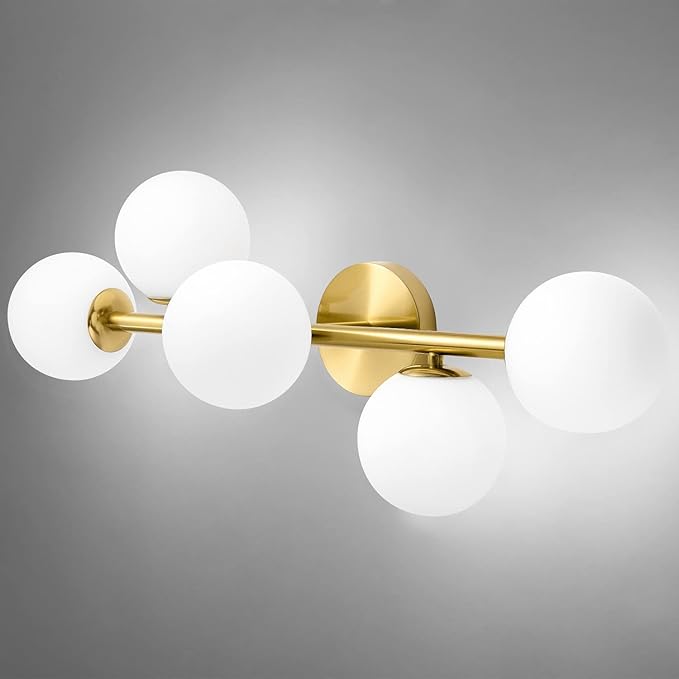 Bathroom Vanity Lights, 5-Light Bathroom Light Fixtures, Mid Century Modern Brass Bathroom Light Ceiling Light, Wall Sconces Semi-Flush Mount Light Fixture with Milk Globe Glass, Brass Gold, G9 Base