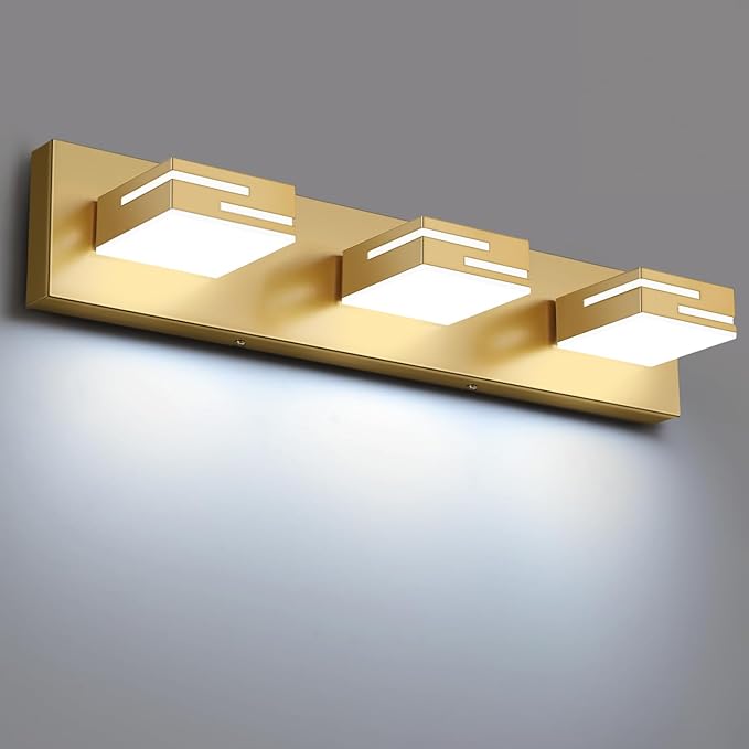 LED Modern Bathroom Vanity Light Fixtures, 3-Light 22-inch Dimmable Gold Vanity Lights for Bathroom Lighting Fixtures Over Mirror, with 360° Rotatable Heads (Cool White 6000K)