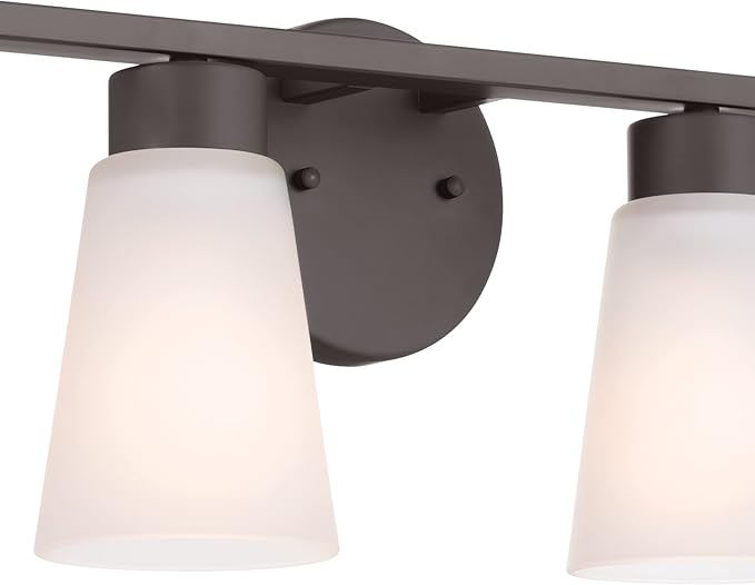 Kichler Stamos 4-Light Bathroom Vanity Light with Satch Etched Glass Shades, 26" Modern Wall Light in Olde Bronze®, (26" x 8" x 5")
