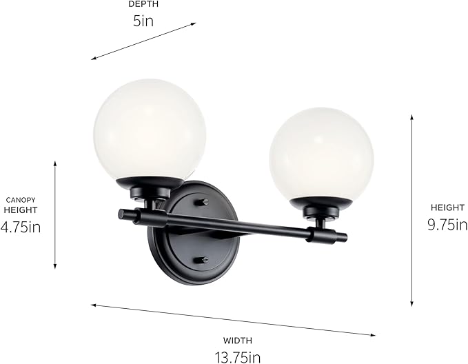 Kichler Benno 2-Light Bathroom Vanity Light Fixture, Modern Wall Mount with Opal Glass in Black for Bathroom or Powder Room, G9 LED Compatible (8.75 x 14.75 in), 55171BK