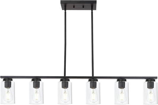 TODOLUZ Black 6-Lights Kitchen Island Light with Clear Glass Shades, Farmhouse Hanging Pendant Light Fixture for Farmhouse Dining Room Living Room