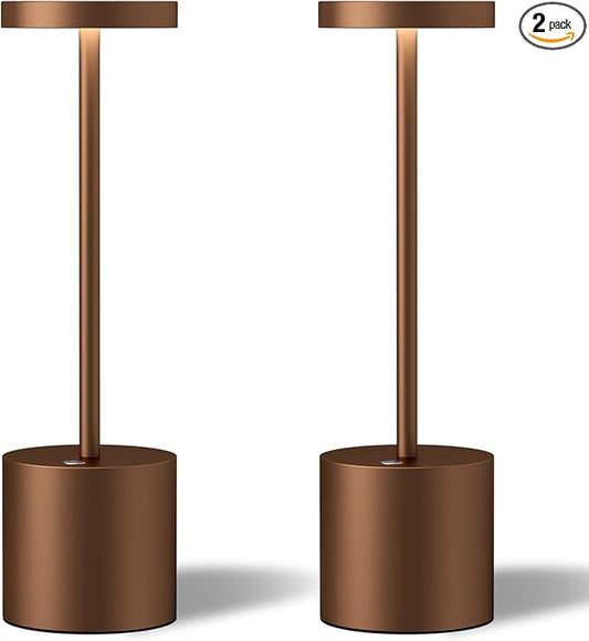 TBBGA 2 Pack Cordless Table Lamps, 5000mAh Rechargeable Battery Powered Lamp, Portable 3 Color Stepless Dimming Desk Lamp, Metal LED Table Light for Outdoor/Patio/Restaurant/Bedroom/Home. (Brown)