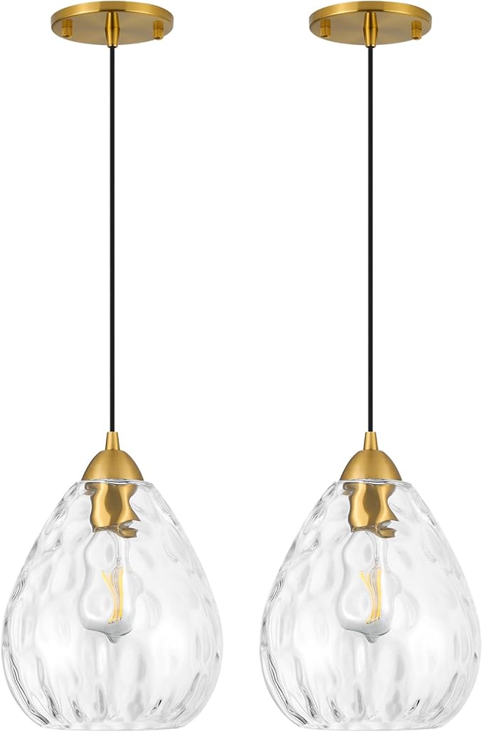 Glass Pendant Lights Kitchen Island 2 Pack,Modern Pendant Lights with Clear Hammered Glass Shade,Gold Adjustable Hanging Pendant Light fixtures for Kitchen Island Dining Room Bedroom(2 Pack)