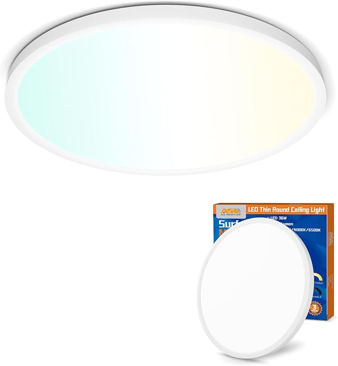 Allsmartlife LED Flush Mount Ceiling Light Fixture 1-Pack, 18 inch 36W 4650lm Flat Ceiling Light, 3000K/4000K/6500K, Round Ceiling Light Fixture for Bedroom, Living Room, Kitchen