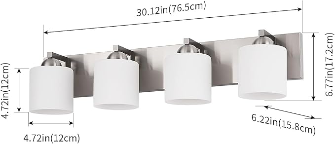 mirrea 30in 4-Light Brushed Nickel Vanity Lights for Bathroom, Vanity Lighting Fixtures with Etched White Glass Shades